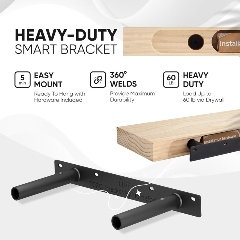 Floating Shelves For Wall, Premium Solid Wood Bathroom Shelves With Heavy Duty Bracket, Set Of 2, Black