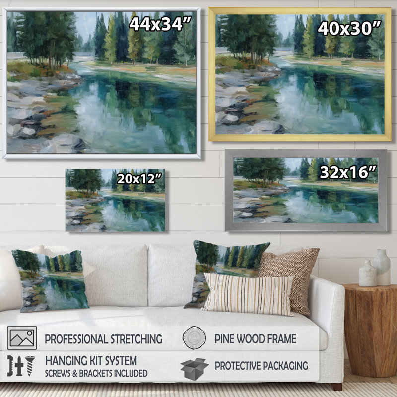 «Pine Trees Fraser River Calming Current», reproduction d'art sur toile, paysage vert, Toile tendue, H 16 po x l 32 po