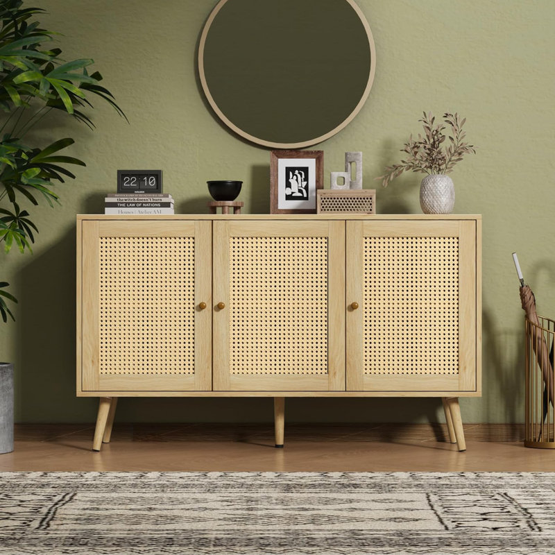 47.2" Rattan Sideboard Buffet Cabinet with 3 Doors, Boho Storage Cabinet with Adjustable Shelves, Console Table for Living Room, Dining Room, Entryway, Coffee Bar