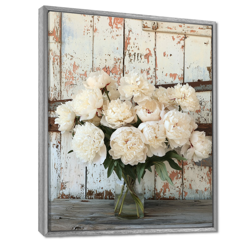 Photo pivoines par la grange laitière I - pivoines, reproduction d'art sur toile, H 44 po x l 34 po, Argent argent