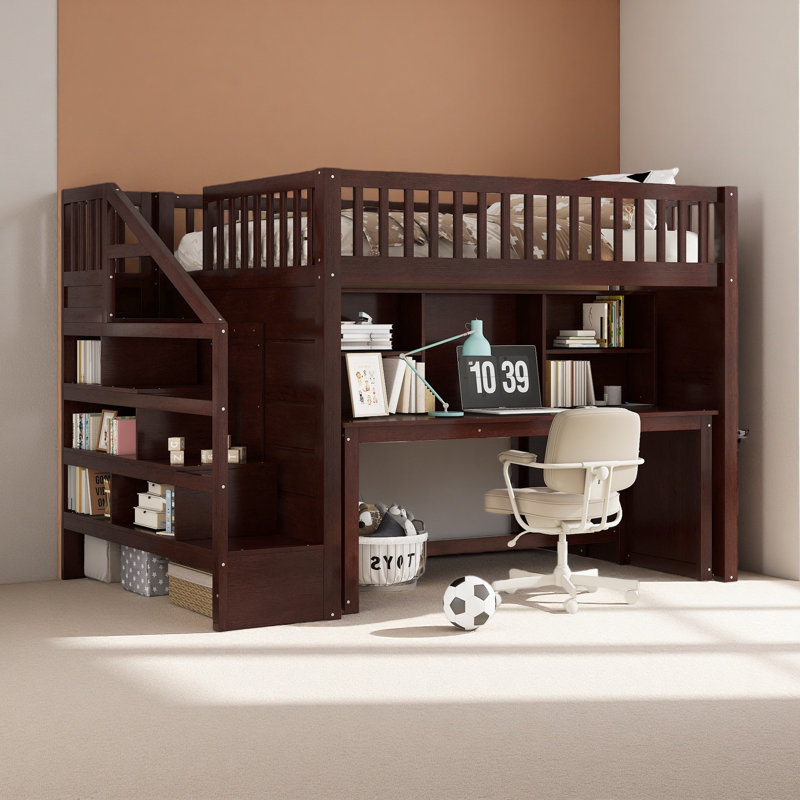 Lit mezzanine avec bureau mobile et tablette de rangement, avec escalier de rangement, Complète, Espresso