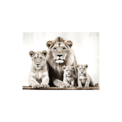 Portrait de famille de lion abstrait, cadre en bois à l'arrière intégré, art animalier brun, l 36 x L 24
