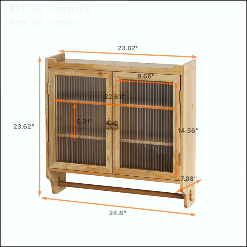 Armoire murale 24,8 po en verre rétro avec rangement à trois niveaux et porte-serviettes, Naturel