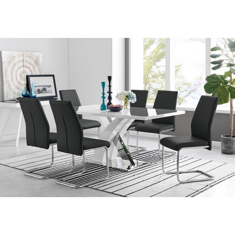 Edzard Chrome & White High Gloss Dining Table Set with 6 Luxury Faux Leather Dining Chairs, Black