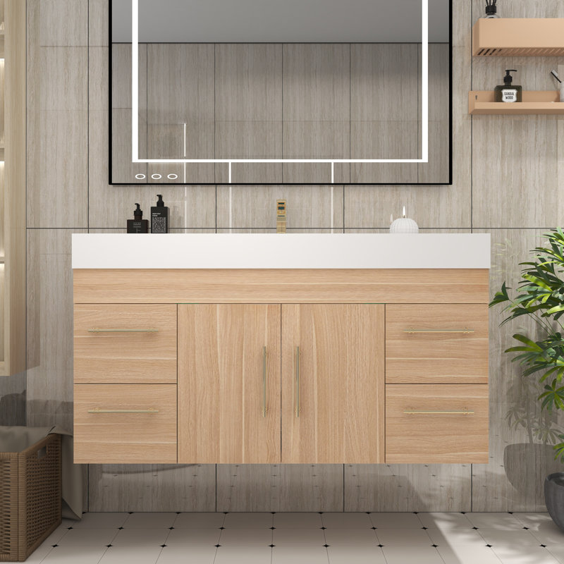 47.2" Wall-Mounted Single Bathroom Vanity Set with Drawers and Doors, Champagne Oak
