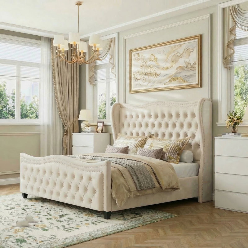 ON SALE 3-Piece Bedroom Sets, Tufted Velvet Upholstered Wingback Bed & 2-Piece 4-Drawer Nightstands, Cream White, White