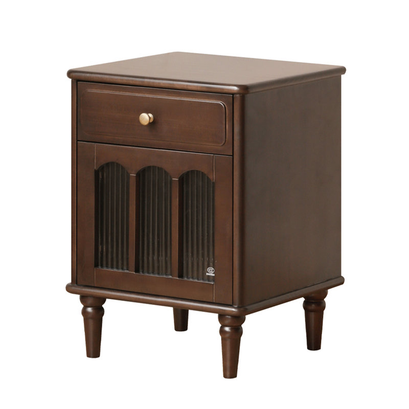 23"H Traditional Solid Wood Nightstand with Fluted Glass Door, Drawer-Left, Left Door, Black Walnut 