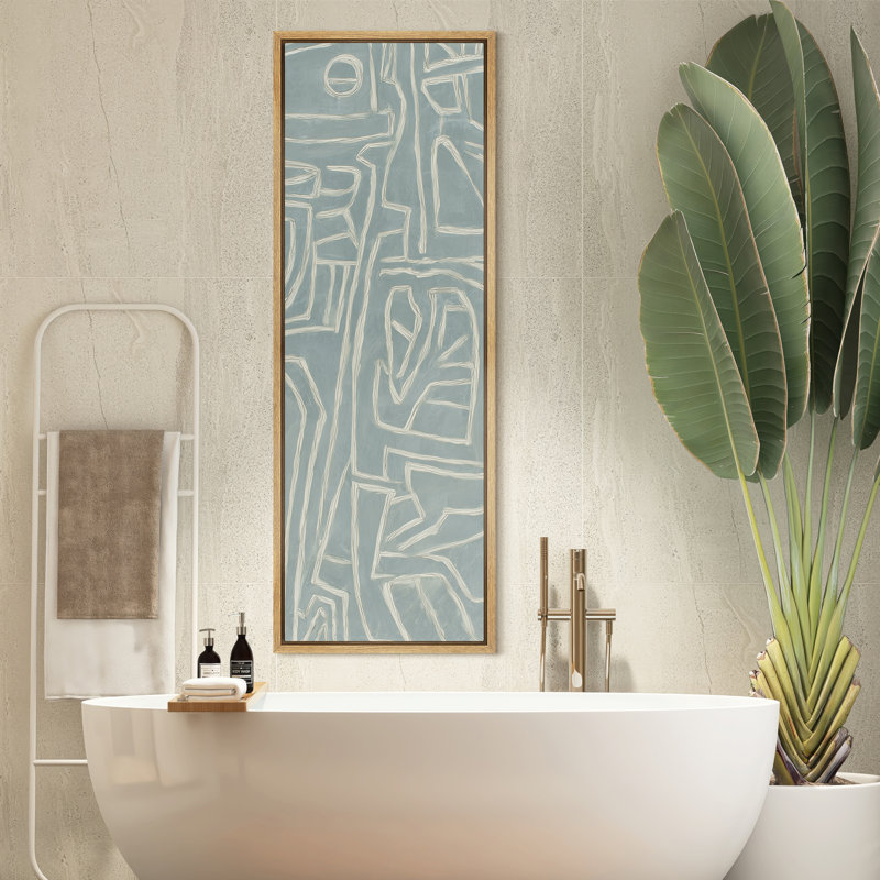Light Blue Geometric Patterned Abstract - Large Framed Canvas Master Bedroom Wall Art Print, 60" H x 20" W x 1.5" D, Natural