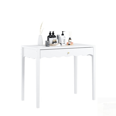 Bureau de coiffeuse avec tiroir, table de maquillage moderne avec façade festonnée et poignée dorée, bureau d'écriture compact pour petits espaces
