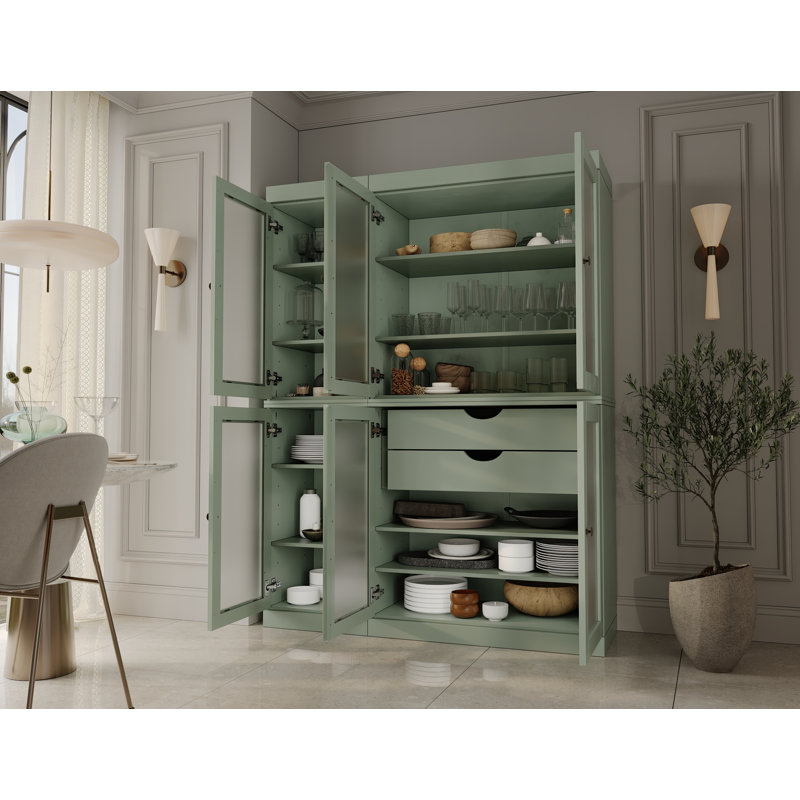 Garde-manger 100% bois massif 48,5 po avec portes en verre givré, 2 tiroirs et tablettes réglables, Sauge