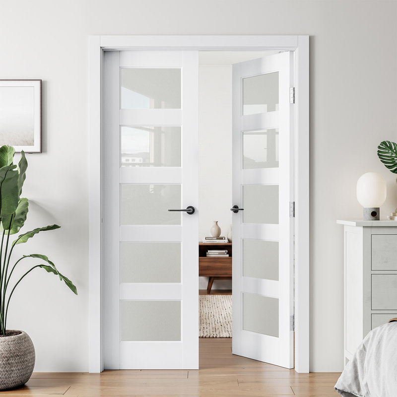 Primed 5-Lite Frosted Glass Solid Wood Double Slab Doors Without Frame and Hardware Kit, 48" x 80"