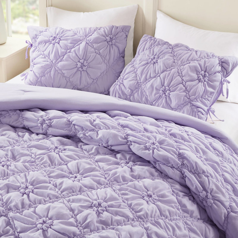 3 pièces d'édredon mauve texturé à motif floral double / grand, microfibre brossée douce, conception touffue avec des accents de cravate, pour un confort douillet en toute saison