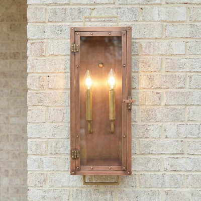 24 in. 2-Light Antique Copper With Brass accents Outdoor Wall Lantern With Clear Glass Panes