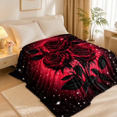 Luxueuse couverture florale rose rouge, jeté en velours élégant pour canapé, chambre à coucher, salon, décoration intérieure