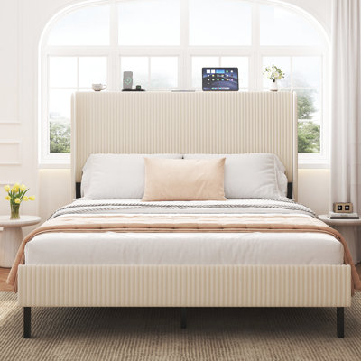Beige Queen Size Platform Bed Frame With Charging Ports In Storage Headboard, Heavy - Duty Metal Slats, No Box Spring Required, Quick Assembly Station And Noise Functionality, Metal, Necessary, Time