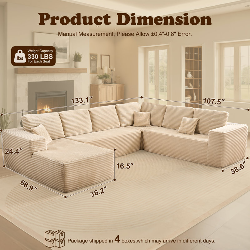 Koyu No Assembly Required Compression Packed 4-Piece Cloudelle Plush Corduroy Fabric Cloud Boneless Sectional With U-Shape Chaise,Modern Modular Sofa With Deep Seat