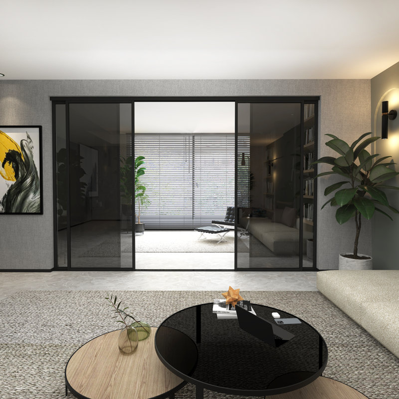 Cloison 4 panneaux coulissants en verre fumé LiteSm Cadre en aluminium avec technologie Silent Glide, 96 po x 96 po, Noir