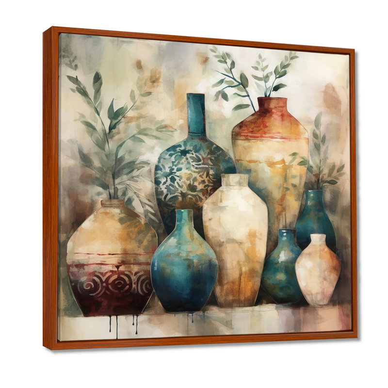 Poterie artisanale verte et orange Kingsfield I - Boho Pottery, reproduction d'art encadrée, H 16 po x l 16 po, Brun