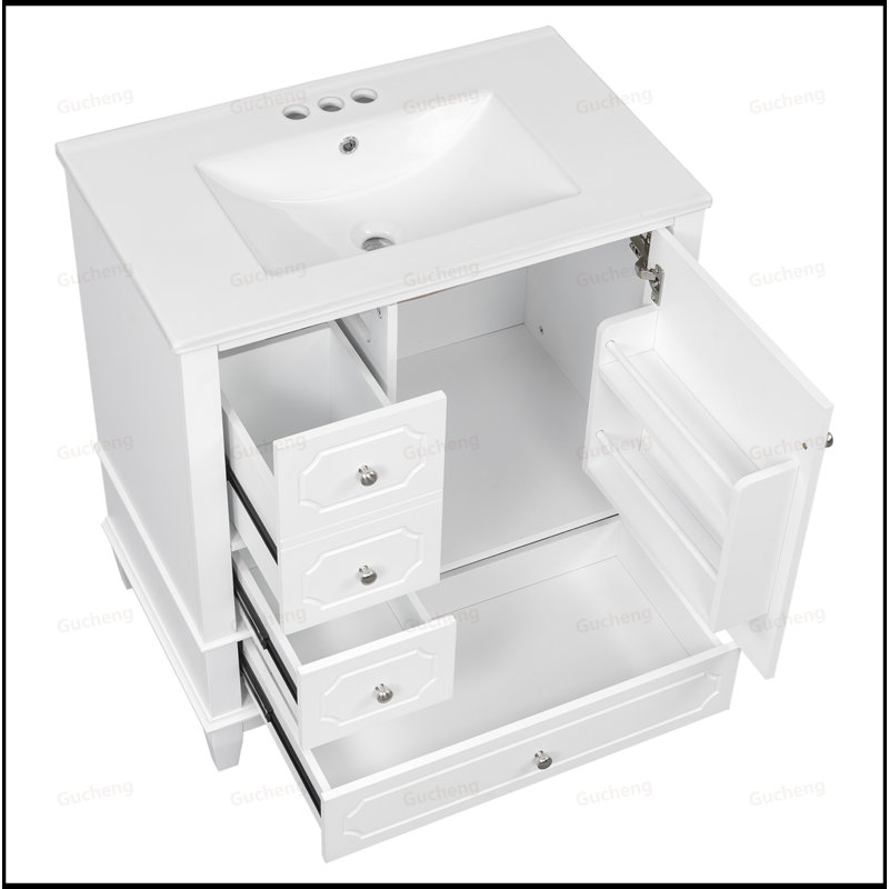 Meuble-lavabo autoportant à 3 tiroirs avec lavabo, Blanc