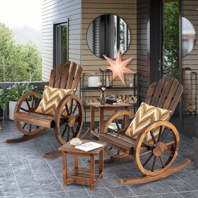 FURNDOOR 4 PCS Outdoor Wooden Rocking Chairs Set, 2 Rockers Chair with 2 Table, Rustic Wheel Rocker Chairs with Table, Rocker Wood Bistro Set for for Garden, Pool, Backyard