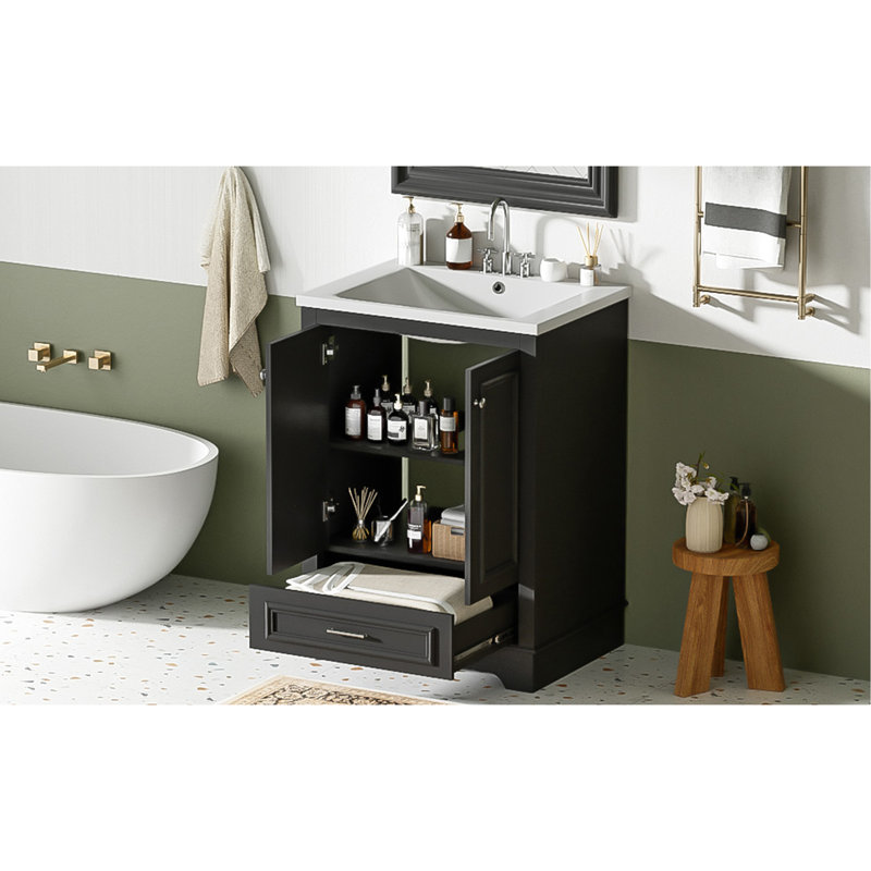 Meuble-lavabo 24 po avec lavabo en céramique, armoire de rangement autoportante moderne avec poignées argentées, portes à fermeture douce
