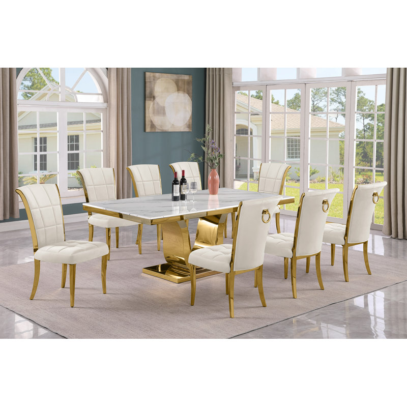 Horrace Marble Top Pedestal Dining Set, 9, Cream/Gold