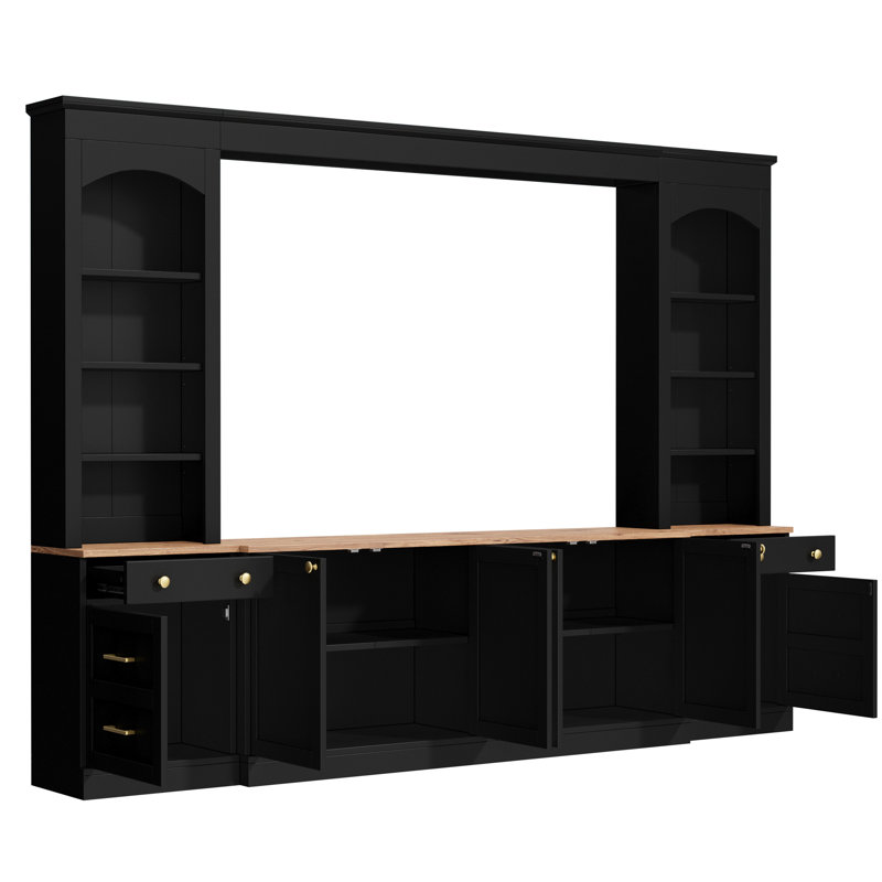 Meuble audio-vidéo rétro noir, meuble télé arqué de 106 po, rangement polyvalent avec armoires et tiroirs, structure de tiroir compatible avec panneaux de particules de 70 po