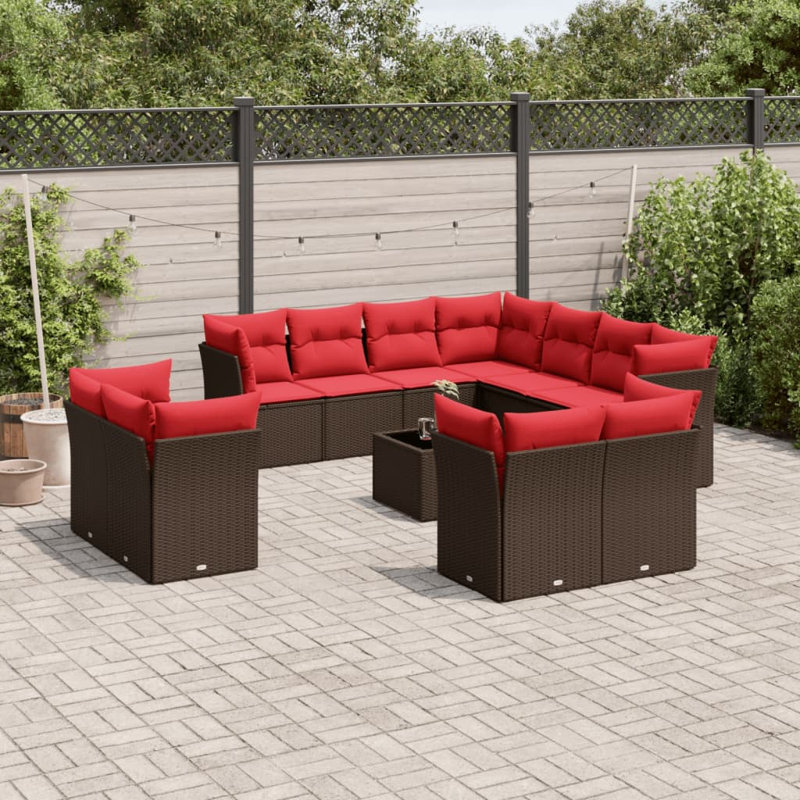 Ensemble de canapé de patio 12 pièces avec coussins en rotin de polyester, Rouge, Brun