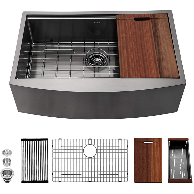 Évier de cuisine à cuve simple en acier inoxydable Farmhouse, H 10 po x l 33 po x P 22 po, Bronze industriel-noir