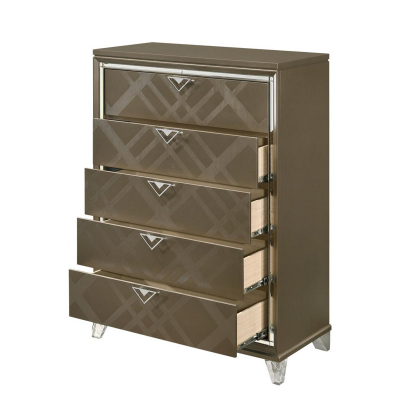 Commode 5 tiroirs Skylar, finition champagne foncé