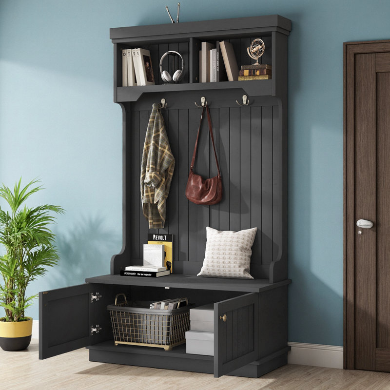 Hall Tree with Storage Shoe Bench for Entryway and Hallway, 4-in-1 Design Coat Racks with Hooks for Living Room, Black, Black