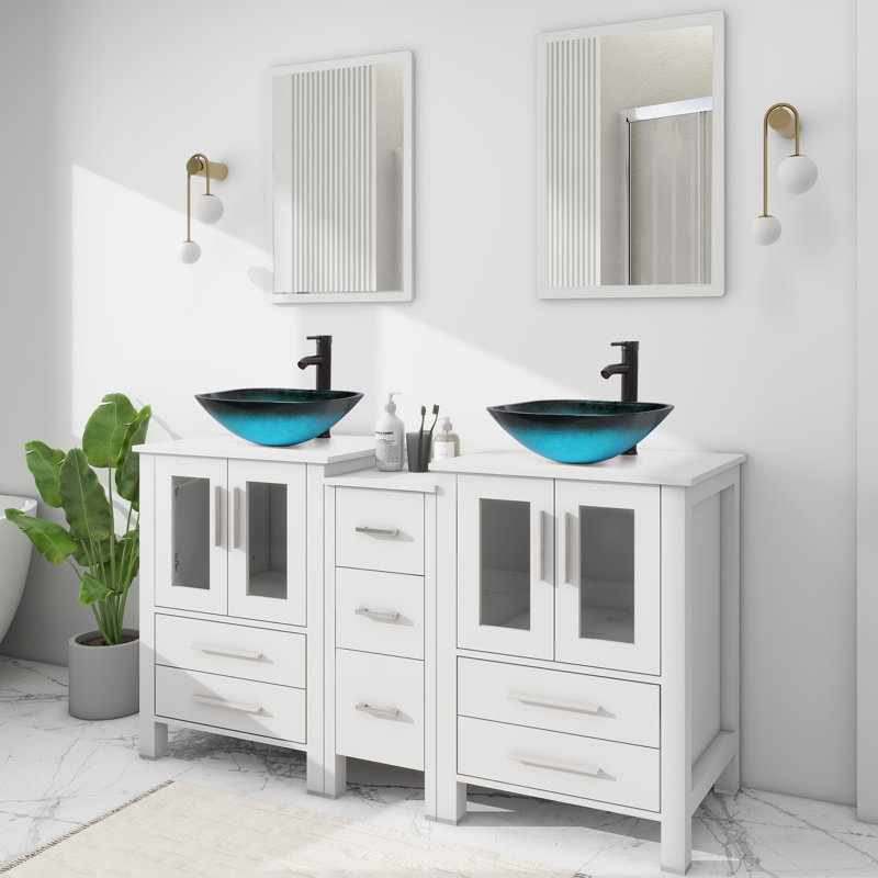 Meuble-lavabo double 60 po avec comptoir en bois manufacturé, lavabo en verre, robinet et drain Khristophore, Blanc