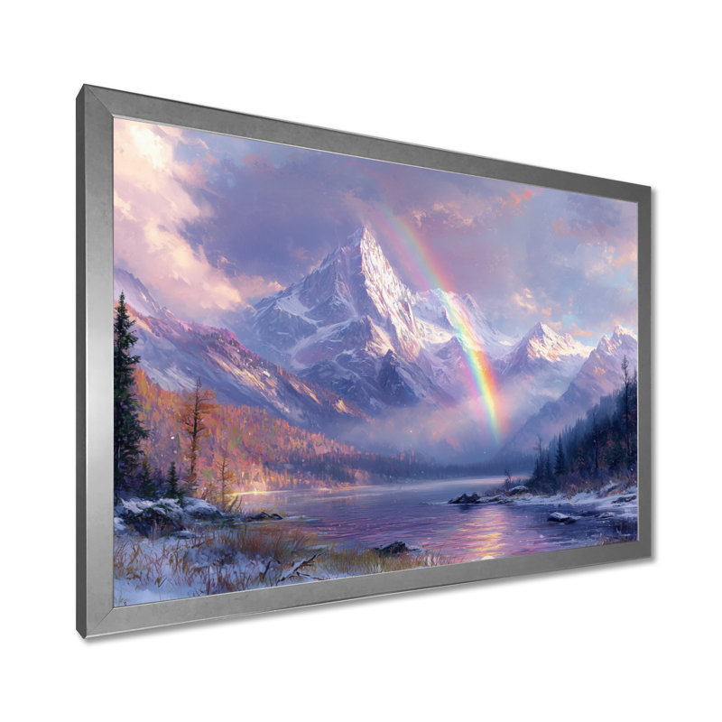 Arc-en-ciel et les montagnes enneigées I - art mural arc-en-ciel, H 12 po x l 20 po, Cadre simple argenté