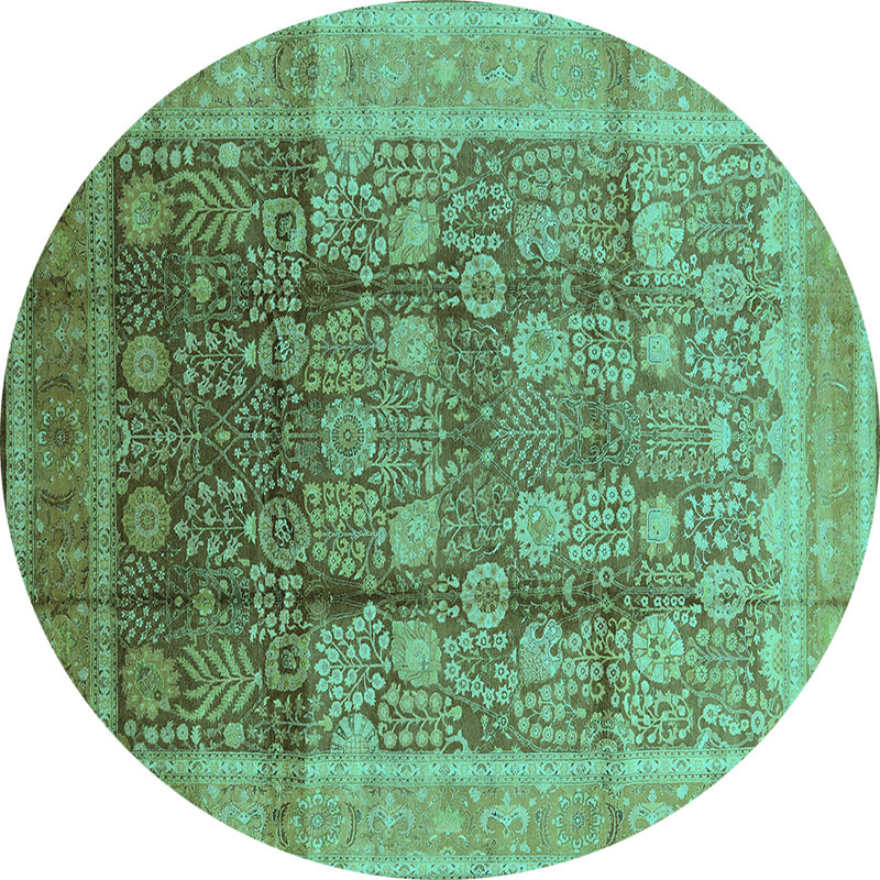 Tapis oriental en laine / polyester tissé à la machine en turquoise / brun, Rond 5 pi