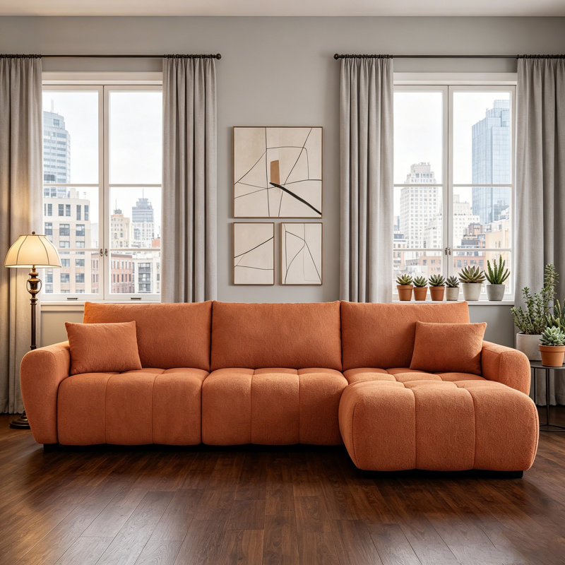 110" Modular Sectional Sofa, L Shape With Extralarge Seat, Pullline Design, Movable Ottoman, High Density Foam, Free Combination, Sturdy Metal&Wood Frame, Boucle Fabric
