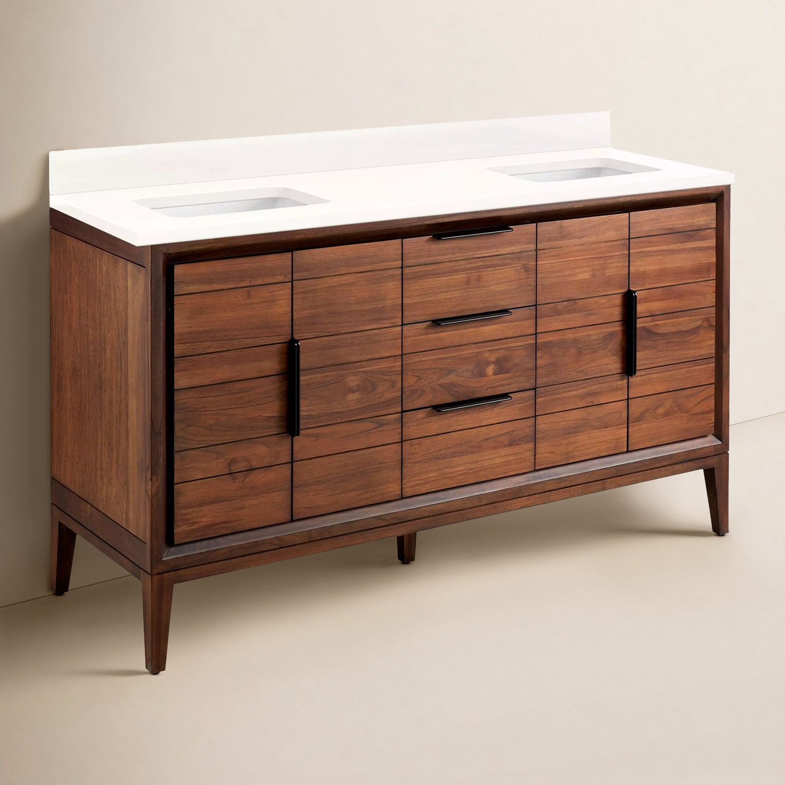 Aliso 60" Double Bathroom Vanity, Arctic White Quartz, No Faucet Hole, Java