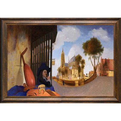 Une vue de Delft avec un étal de vendeur d'instruments de musique par Carel Fabritius avec cadre noir patiné Brimfield
