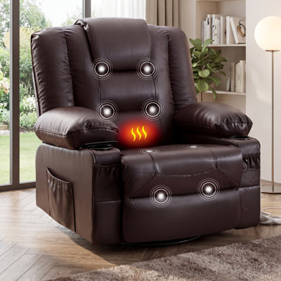 LifeSky Oversize Rocker Recliner Chair with Massage and Heat, 360° Swivel and 30° Rocking, USB Charge Port and Cup Holders, Brown PU Leather, 350 lbs Capacity for Living Room Nursery
