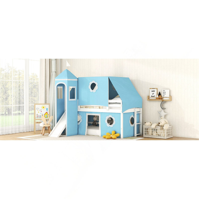 Lit mezzanine avec tente coulissante et tour, Lit simple, Bleu