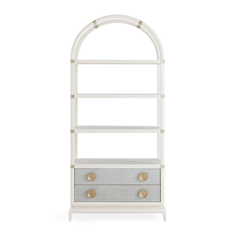 Ivory Mahogany and Brass Arched Bookcase with Drawers