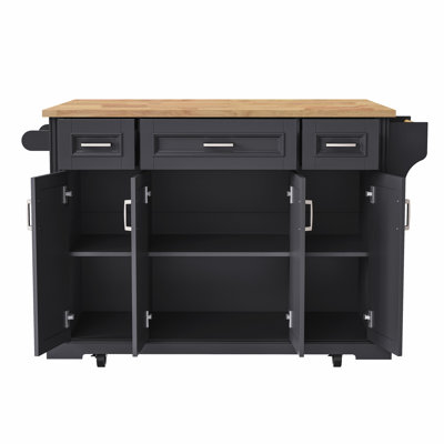 54inch Large Kitchen Island with Rubber Wood Drop Leaf, Embossed Texture Rolling Kitchen Cart on 4 Wheels with 4 Doors and 3 Drawers, Kitchen Island with Storage for Kitchen, Dining Room,Black