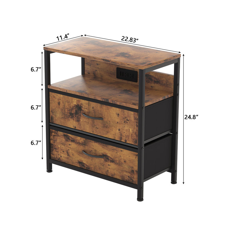 Table de bout à 2 tiroirs avec rangement et prises intégrées Kaderius, Brun