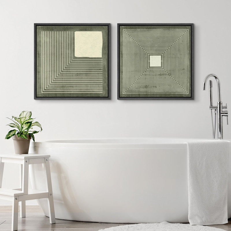 Lignes géométriques et illustrations carrées en vert organique moderne, art minimaliste, détente / calme - ensemble de 2 reproductions sur toile flottante