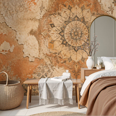 Peel and Stick Wallpaper Vintage Ornamental Floral Mandala Warm Tones Wall Murals 100"H x 144"W Removable PVC Wall Paper Self-Adhesive Wall Decor for Bedroom Living Room Home Office