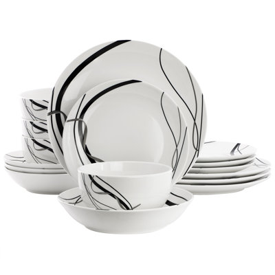  Sarah 16 Piece Porcelain Double Bowl Black Ribbon Dinnerware Set, Service for 4 in White and Black