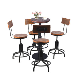 Vintage 5 Pieces Coffee Table Set Farmhouse Round Bar Table And Stools With Backrest Industrial Kitchen Dining Table With Chairs