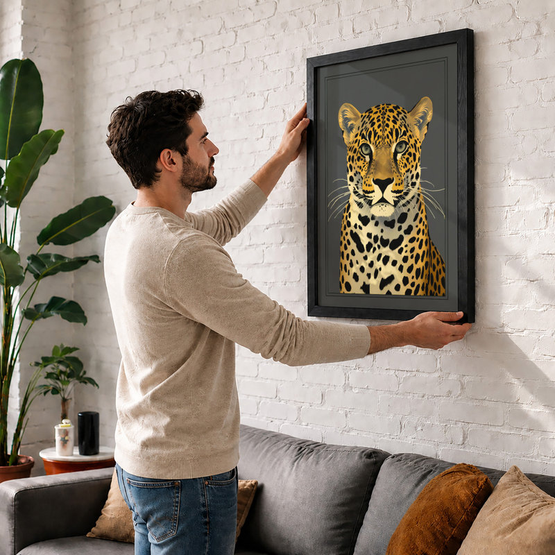 Leopard Gaze Modern - Framed Print, A2 - 59.4 x 42.0 cm, Oak