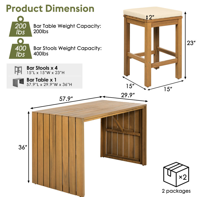 5 pièces pour l'extérieur avec table en bois et quatre tabourets confortables avec coussins beiges, idéal pour la détente dans le jardin, assemblage rapide
