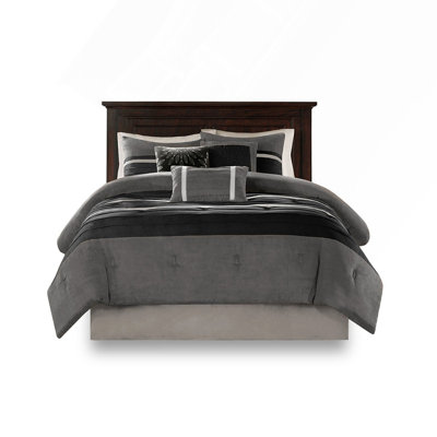 Transitional Style Faux Suede 7 Piece Comforter Set, Hypoallergenic And Soft For Maximum Comfort In Black And Grey