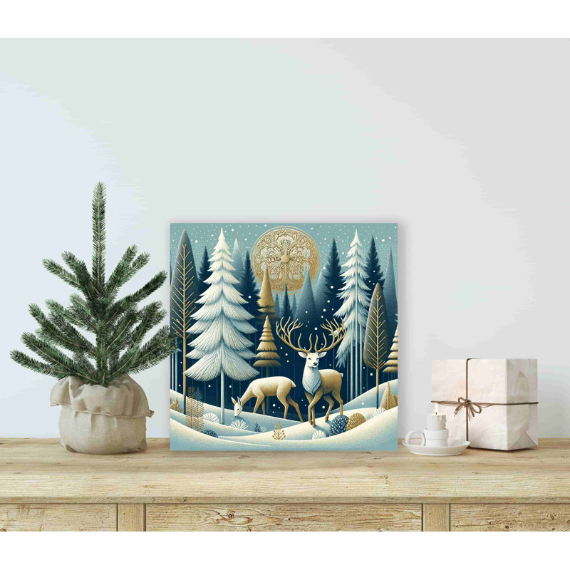 «Moonlit Majesty: Ornate Moon and Deer in Winter Forest», reproduction sur toile tendue